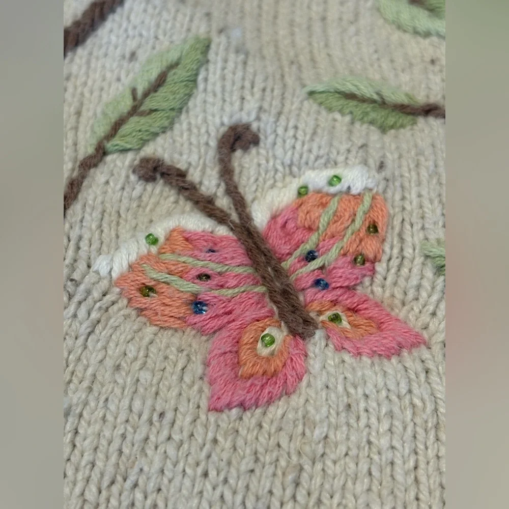 Vintage Silk Blend cream button-up Cardigan w/ Embroidered Birds and Flowers L - Picture 13 of 15